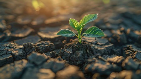 Close-up of a green sapling sprouting from dry, cracked soil, embodying the theme of hope and natural recovery, highlighting resilience in adverse conditions.の素材