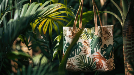 Environmentally friendly bags made from natural, sustainable fibers, featuring an environmental conservation pattern against a lush greenery background.の素材