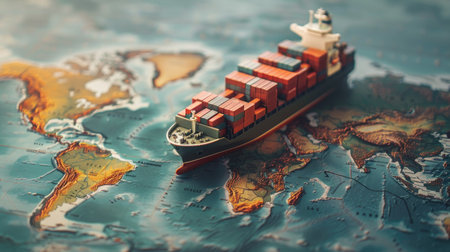 Container ship model on a world map, symbolizing transcontinental transportation and globalization, with ample copy space.の素材