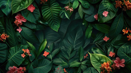 Frame decorated with fresh green leaves and vivid flowers, creating a lively and natural setting ideal for showcasing text or designs in a vibrant composition.の素材