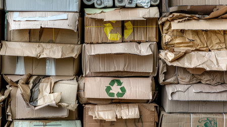 Image of different paper and cardboard stacks adorned with the international recycling symbol, set against a neutral backdrop, perfect for environmental awareness projects.の素材