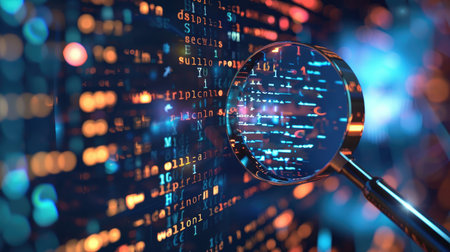 Detailed depiction of IT Security Risk Assessment: A magnifying glass examining a document in a digital environment, highlighting scrutiny and safeguarding in cybersecurity practices.の素材