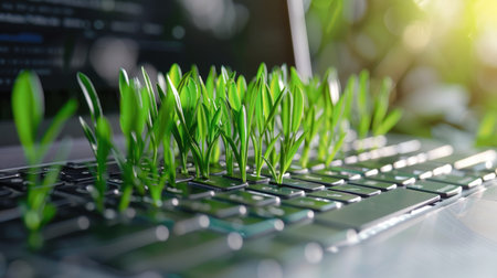 Vibrant green grass sprouting from a laptop keyboard, showcasing the concept of eco-conscious computing and sustainable business practices.の素材