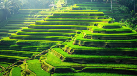 Expansive view of terraced rice fields, representing traditional farming methods and stunning agricultural landscapes.の素材