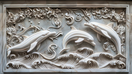 A serene depiction of Volumetric decorative dolphins gracefully leaping amidst intricate waves and stucco molding, blending marine beauty with artistic flair.の素材