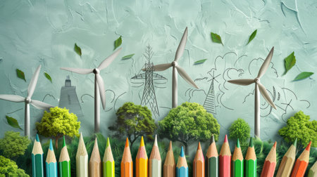 Visual metaphor of trees, pencils, and windmills symbolizing engineering and sustainable project design, merging natural elements with renewable energy technology.の素材
