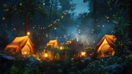 Animated campsite with glowing tents and lanterns, creating a warm and inviting nighttime scene.の素材
