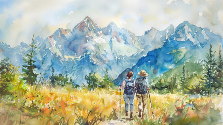 Delicate watercolor painting of a couple hiking to their campsite, with scenic mountains in the background.の素材