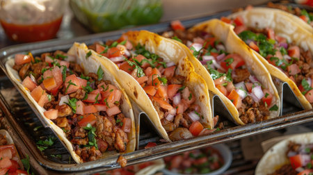 Delicious tacos bursting with ingredients, capturing the essence of authentic Mexican street food in a tempting displayの素材