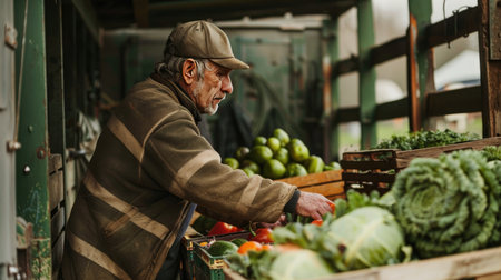 Farmer loading crates of fresh produce onto a truck, representing the farm-to-market process and agricultural distributionの素材