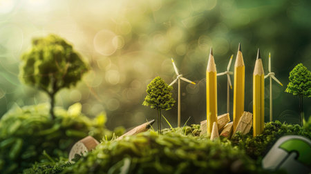 Conceptual image featuring trees, pencils, and windmills to represent engineering and sustainable project design, integrating nature with renewable energy technology.の素材