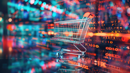 Digital shopping cart on a vibrant, abstract background, symbolizing the convenience and growth of online shopping and e-commerceの素材