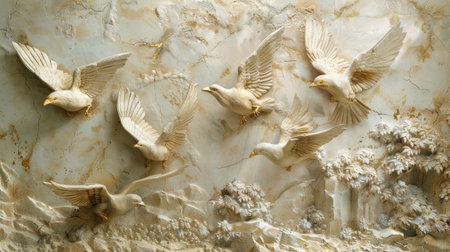 Artistic representation of volumetric exotic birds in stucco with gold details on a plastered wallの素材