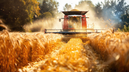 Farmer driving a combine harvester during wheat harvest, emphasizing efficiency and modern machinery in agriculture.の素材