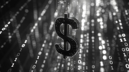 Digital wallet with dollar symbol, binary code background, AI algorithm, monochrome themeの素材