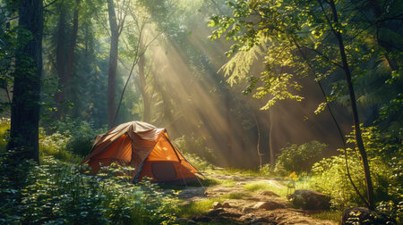 Tent pitched in a lush forest, with sunlight filtering through the trees and creating a peaceful atmosphere.の素材