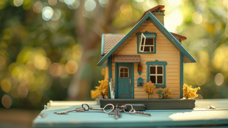 Miniature model of a cozy tiny house alongside a set of silver keys, emphasizing the desire and opportunity to invest in a small property in the real estate market.の素材