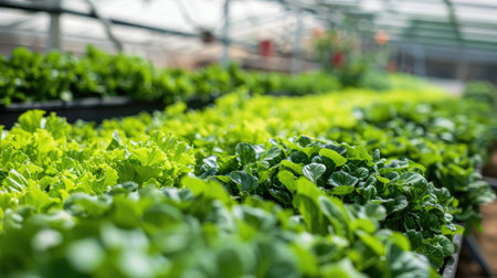 Smart greenhouse with climate control systems, optimizing conditions for year-round crop production.の素材