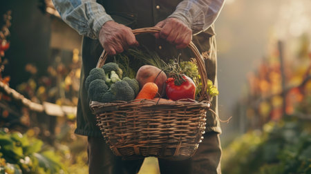 Harvest season: farmer holding a basket of fresh, organic vegetables, highlighting healthy eating and farm-to-table movement.の素材
