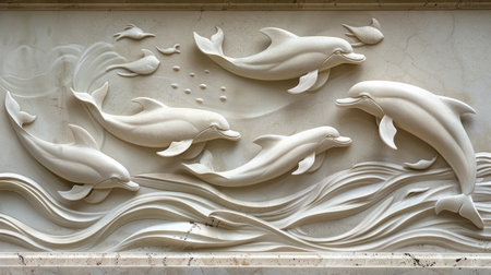 Artistic portrayal of Volumetric decorative dolphins elegantly integrated with rhythmic waves and stucco molding, symbolizing harmony and natural grace.の素材
