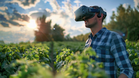 Farmer conducting a virtual field tour using a drone and VR headset, combining technology with farming.の素材