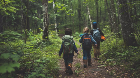 Kids exploring the woods near their campsite, embodying the spirit of adventure and discovery.の素材