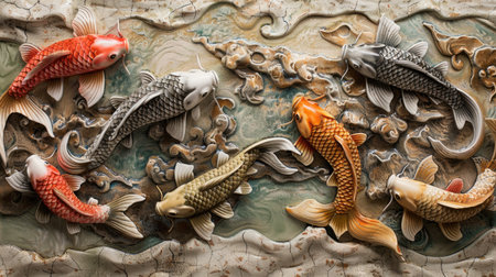 Exquisite arrangement of Volumetric decorative fish in Japanese style against a backdrop of textured stucco molding, illustrating the fusion of traditional craftsmanship with contemporary artistry.の素材