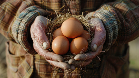 Farmer's hands gently holding a nest of fresh eggs, emphasizing the care and attention in poultry farming.の素材