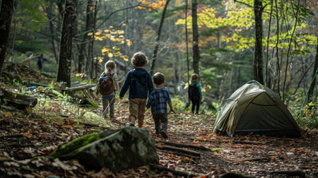 Kids exploring the woods near their campsite, embodying the spirit of adventure and discovery.の素材