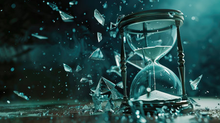 Dramatic photo manipulation of a fractured hourglass with shards suspended in motion, illustrating the fragility and impermanence of timeの素材