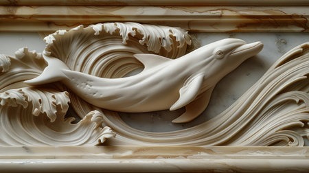 Detailed view of Volumetric decorative dolphins intricately carved within dynamic waves and stucco molding, highlighting the artistry and movement of aquatic motifs.の素材