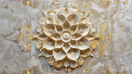 Intricate Volumetric decorative mandala intricately designed against a textured plastered wall adorned with shimmering gold accents, symbolizing harmony and spiritual unity.の素材