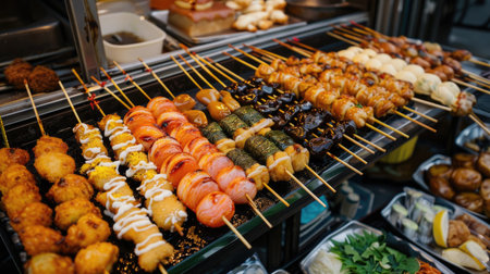 Assortment of Japanese street food delicacies, from tempura to taiyaki, no people.の素材