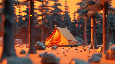 3D illustration of a cozy tent in a minimalist pine forest scene with bright orange background, scattered rocks aroundの素材
