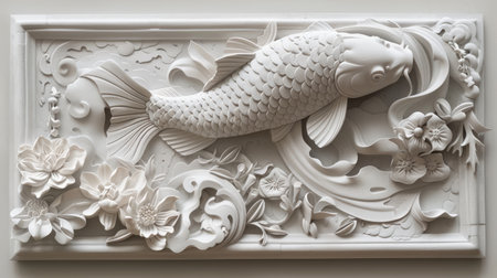 Ethereal composition featuring Volumetric decorative fish in Japanese style elegantly carved within intricate stucco molding, evoking a sense of tranquility and cultural heritage.の素材
