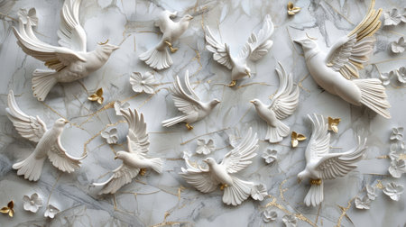Decorative wall art featuring volumetric exotic birds in stucco with gold details, enhancing interior design aesthetics.の素材