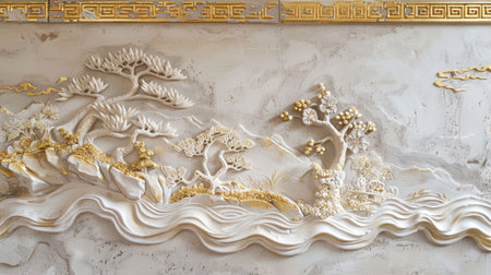 Gold-accented stucco molding of a Japanese landscape on a plastered wall, highlighting intricate decorative detailsの素材