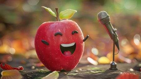A cheerful cartoon velvet apple with a happy expression, holding a tiny microphone.の素材