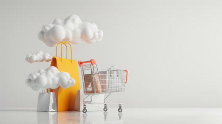3D cart with cloud for online shopping, promo sign on bags, white backdropの素材