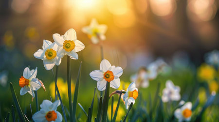 Daffodils in a spring background, highlighting vibrant and cheerful floral displayの素材
