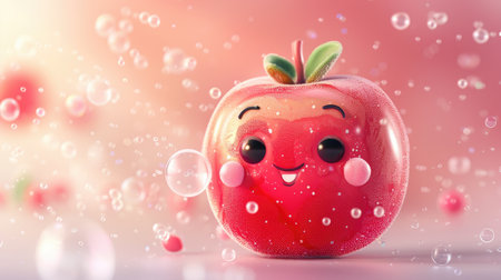 A cheerful cartoon rose apple with a happy expression, blowing bubblesの素材