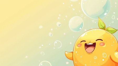 A cute cartoon yuzu with a wide grin, blowing bubbles.の素材