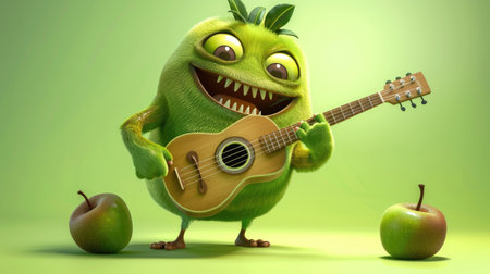 A joyful cartoon kiwi slice with a wide grin, playing a ukulele.の素材