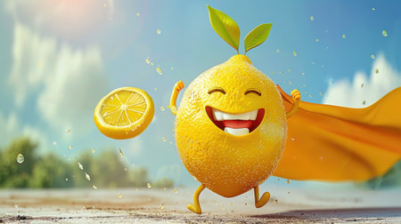 A happy cartoon lemon with a big smile, wearing a superhero cape.の素材