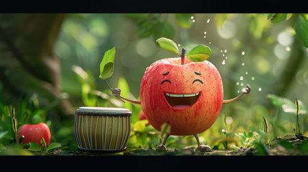 A happy cartoon water apple with a joyful face, playing a drum.の素材