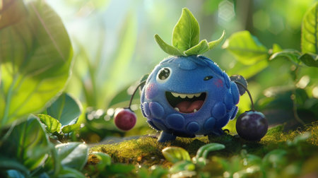 A cute cartoon bilberry with a big smile, enjoying a summer dayの素材