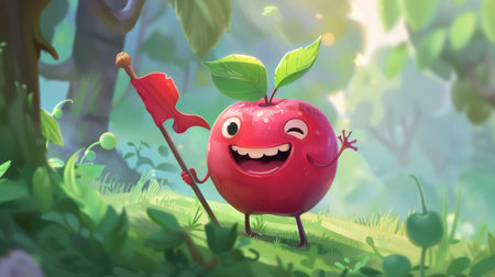 A joyful cartoon juneberry with a wide grin, holding a tiny flag.の素材