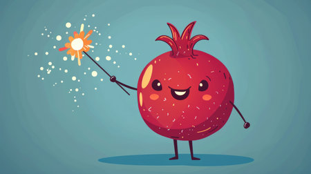 A happy cartoon pomegranate with a joyful face, holding a sparkler.の素材
