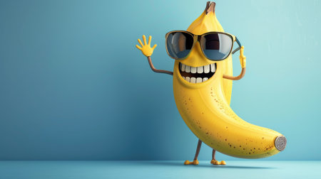 A happy cartoon banana with a wide grin, wearing sunglasses and waving helloの素材