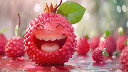 A smiling cartoon lychee with a joyful expression, wearing a tiny crown.の素材